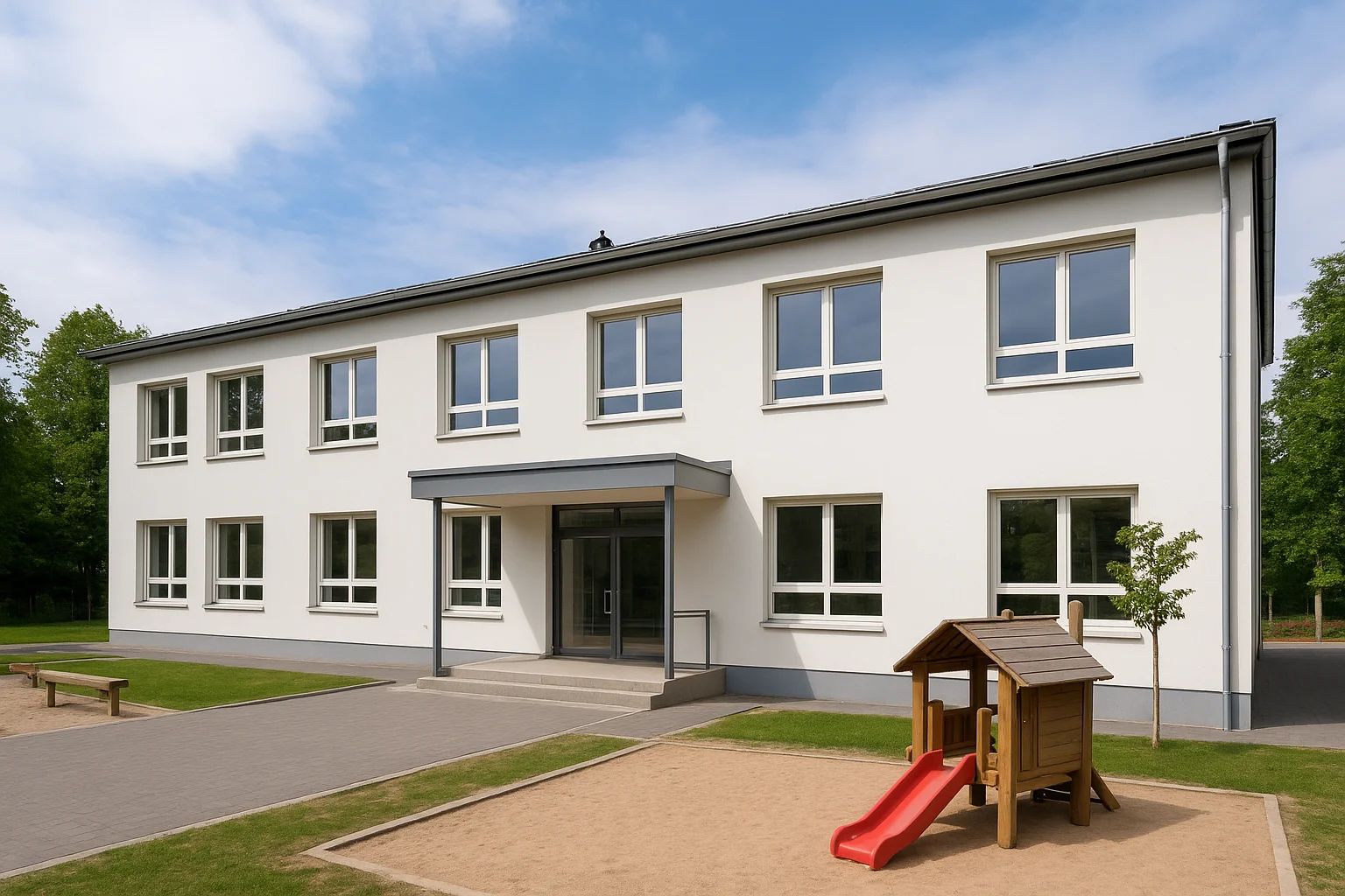 Neu gebaute Kindertagesstätte mit hellem Putz und Spielgerät im Außenbereich