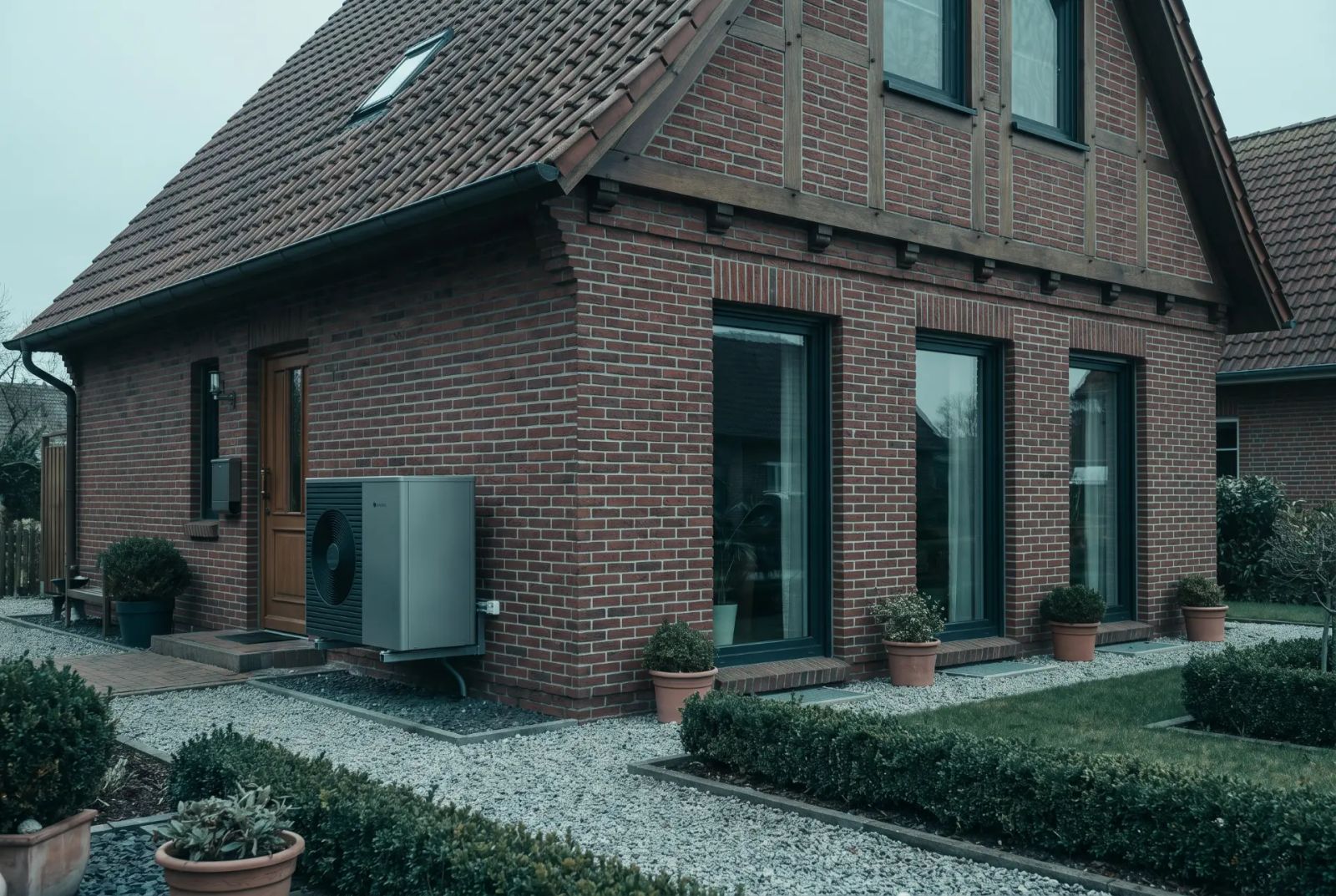 Einfamilienhaus mit Luft-Wasser-Wärmepumpe an der Außenwand
